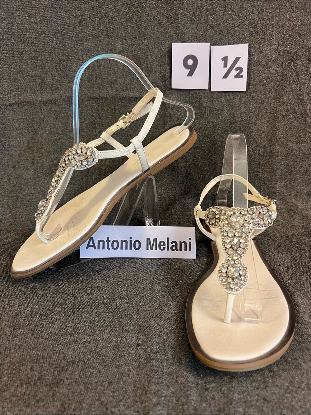 ANTONIO MELANI white Jeweled T-Strap Sandals